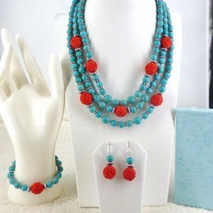 Faux Turquoise Set Necklace, Bracelet, Earrings w/ Carved Red Beads + Gift Box